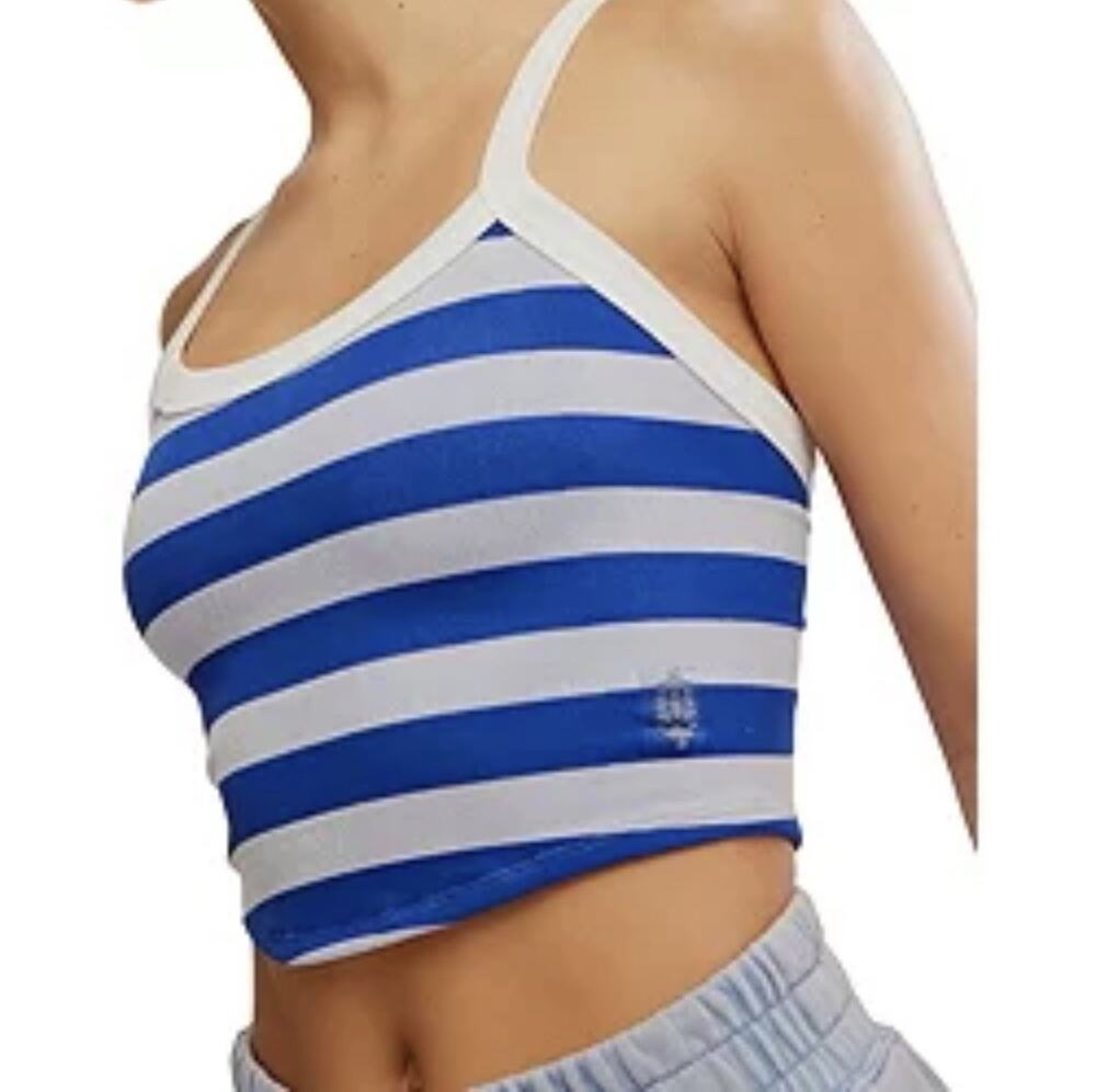 Free People FP Movement All Clear Striped Blue Cami Ribbed M/L Cropped Rib Knit